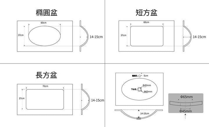卡拉灰 - 熱彎岩板一體盆 - 盆型選擇工程圖