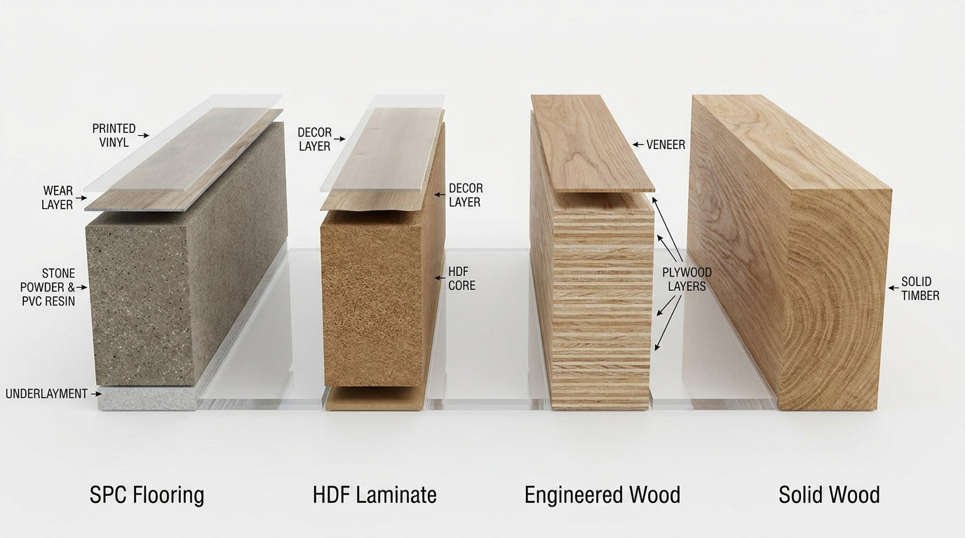 SPC vs 超耐磨 vs 海島型 vs 實木結構剖面比較